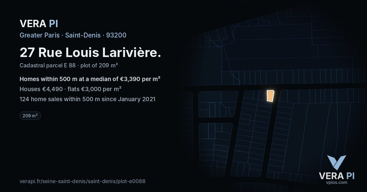 27 Rue Louis Larivière, Saint-Denis at night – the plot lit, the parcels around coloured by the prices near them