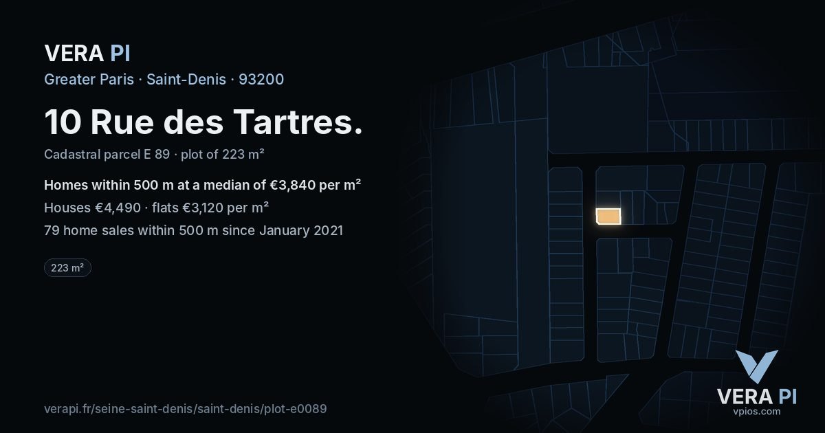 10 Rue des Tartres, Saint-Denis at night – the plot lit, the parcels around coloured by the prices near them