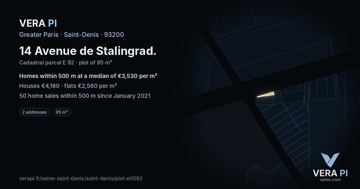 14 Avenue de Stalingrad, Saint-Denis at night – the plot lit, the parcels around coloured by the prices near them
