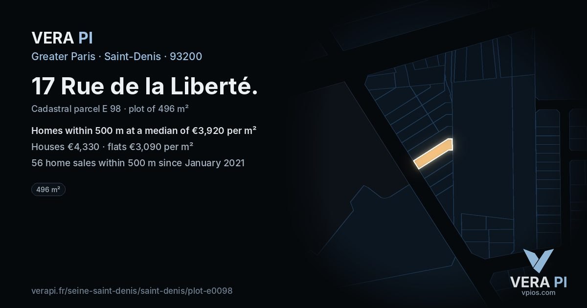 17 Rue de la Liberté, Saint-Denis at night – the plot lit, the parcels around coloured by the prices near them