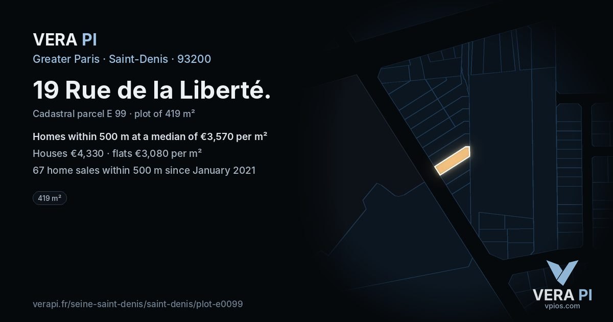 19 Rue de la Liberté, Saint-Denis at night – the plot lit, the parcels around coloured by the prices near them