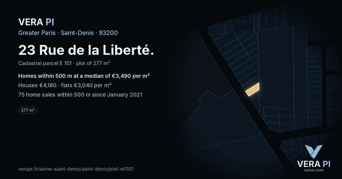 23 Rue de la Liberté, Saint-Denis at night – the plot lit, the parcels around coloured by the prices near them
