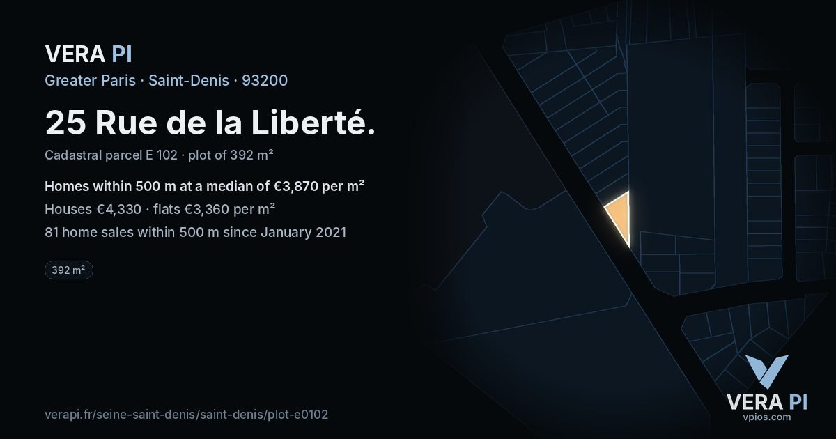25 Rue de la Liberté, Saint-Denis at night – the plot lit, the parcels around coloured by the prices near them