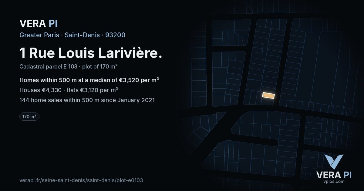 1 Rue Louis Larivière, Saint-Denis at night – the plot lit, the parcels around coloured by the prices near them