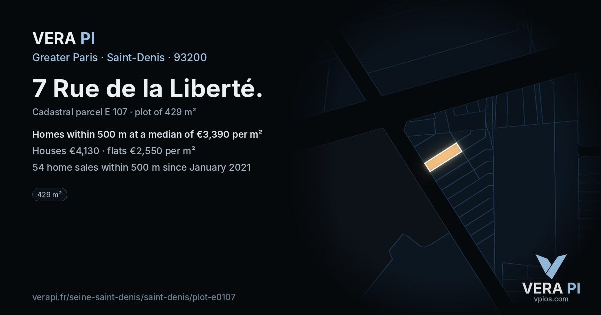 7 Rue de la Liberté, Saint-Denis at night – the plot lit, the parcels around coloured by the prices near them