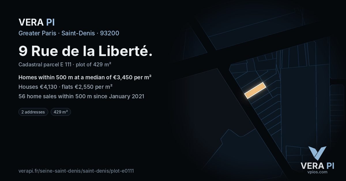 9 Rue de la Liberté, Saint-Denis at night – the plot lit, the parcels around coloured by the prices near them