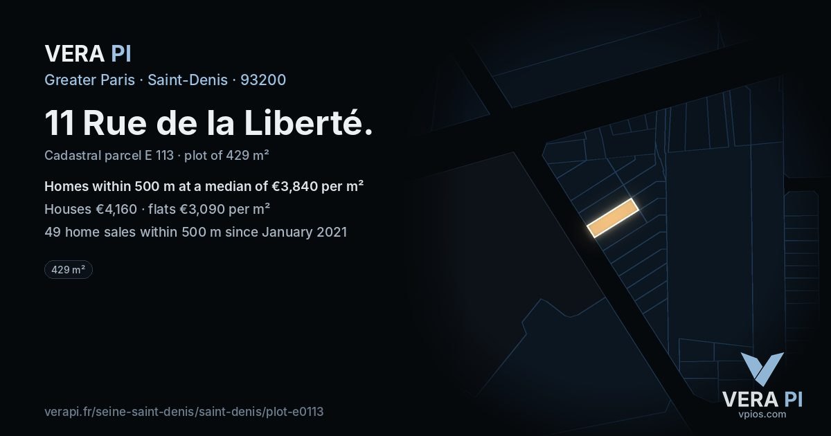 11 Rue de la Liberté, Saint-Denis at night – the plot lit, the parcels around coloured by the prices near them