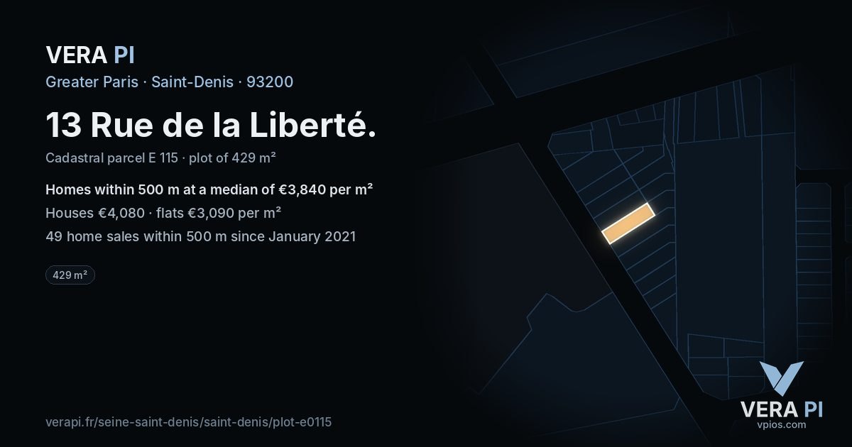 13 Rue de la Liberté, Saint-Denis at night – the plot lit, the parcels around coloured by the prices near them
