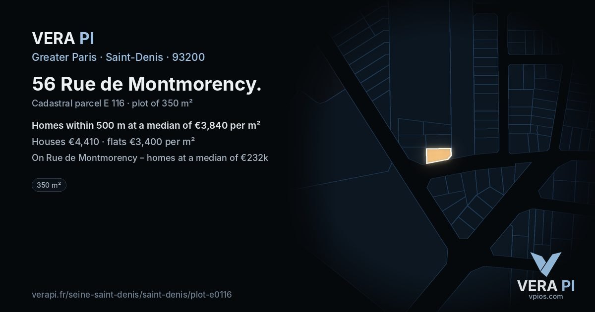 56 Rue de Montmorency, Saint-Denis at night – the plot lit, the parcels around coloured by the prices near them