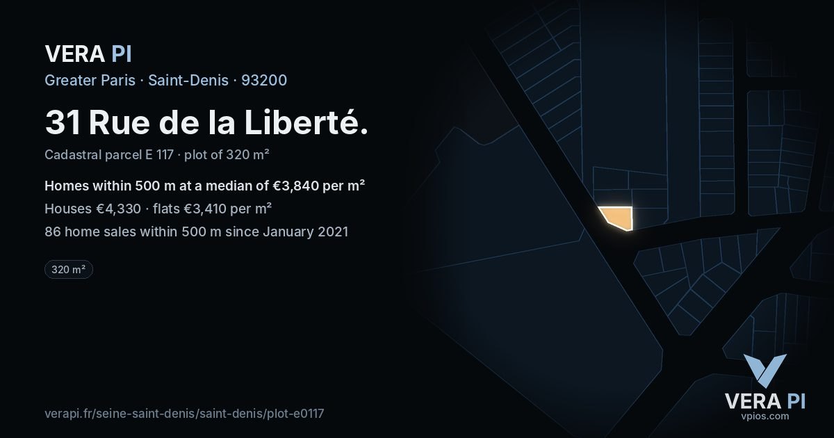31 Rue de la Liberté, Saint-Denis at night – the plot lit, the parcels around coloured by the prices near them