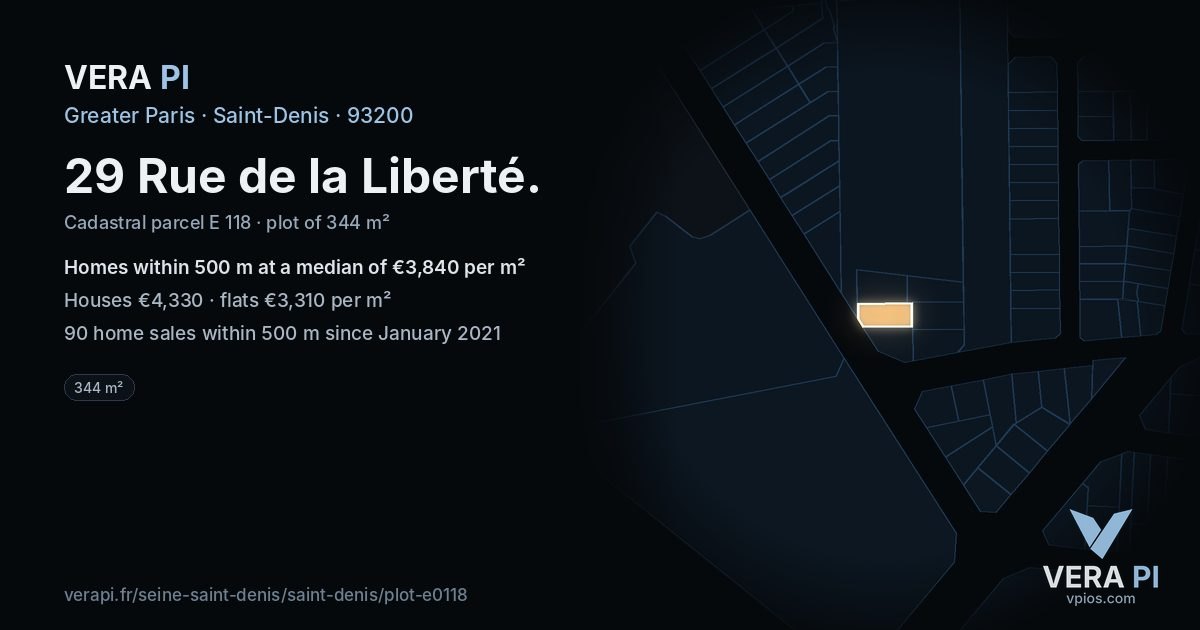 29 Rue de la Liberté, Saint-Denis at night – the plot lit, the parcels around coloured by the prices near them