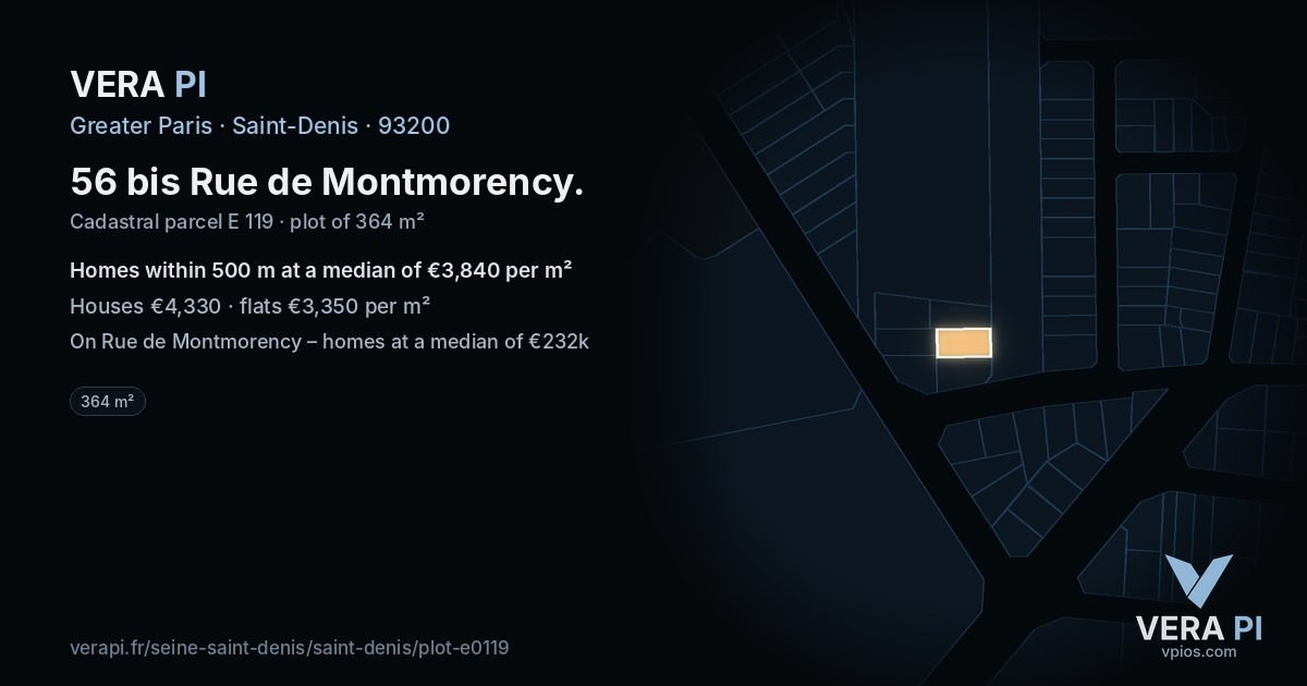 56 bis Rue de Montmorency, Saint-Denis at night – the plot lit, the parcels around coloured by the prices near them
