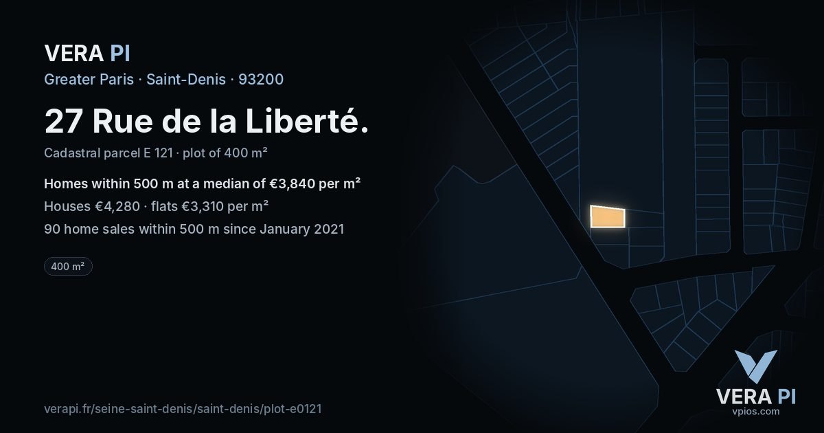 27 Rue de la Liberté, Saint-Denis at night – the plot lit, the parcels around coloured by the prices near them