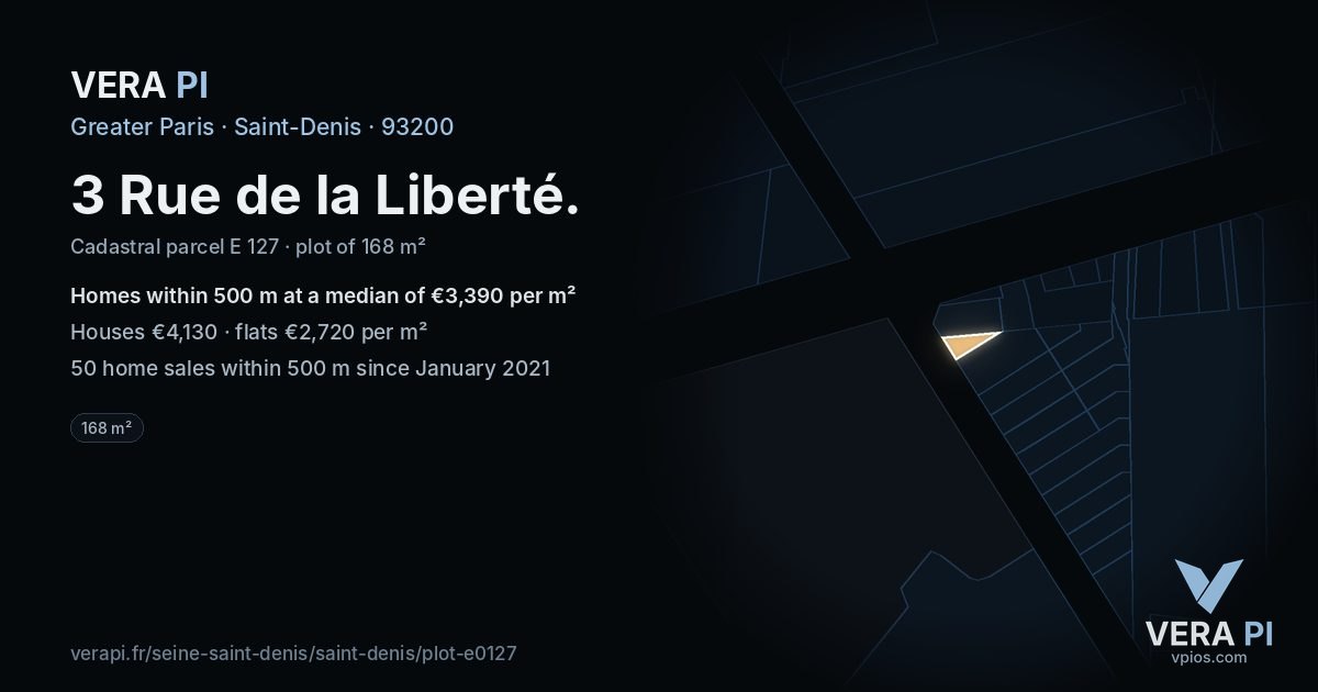 3 Rue de la Liberté, Saint-Denis at night – the plot lit, the parcels around coloured by the prices near them
