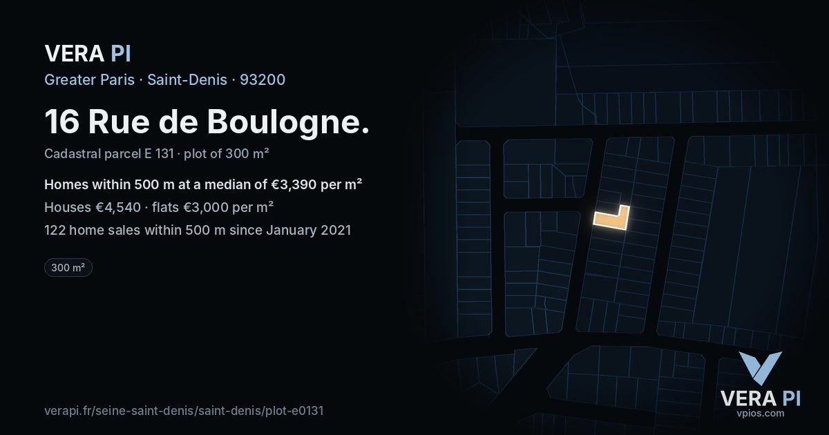 16 Rue de Boulogne, Saint-Denis at night – the plot lit, the parcels around coloured by the prices near them