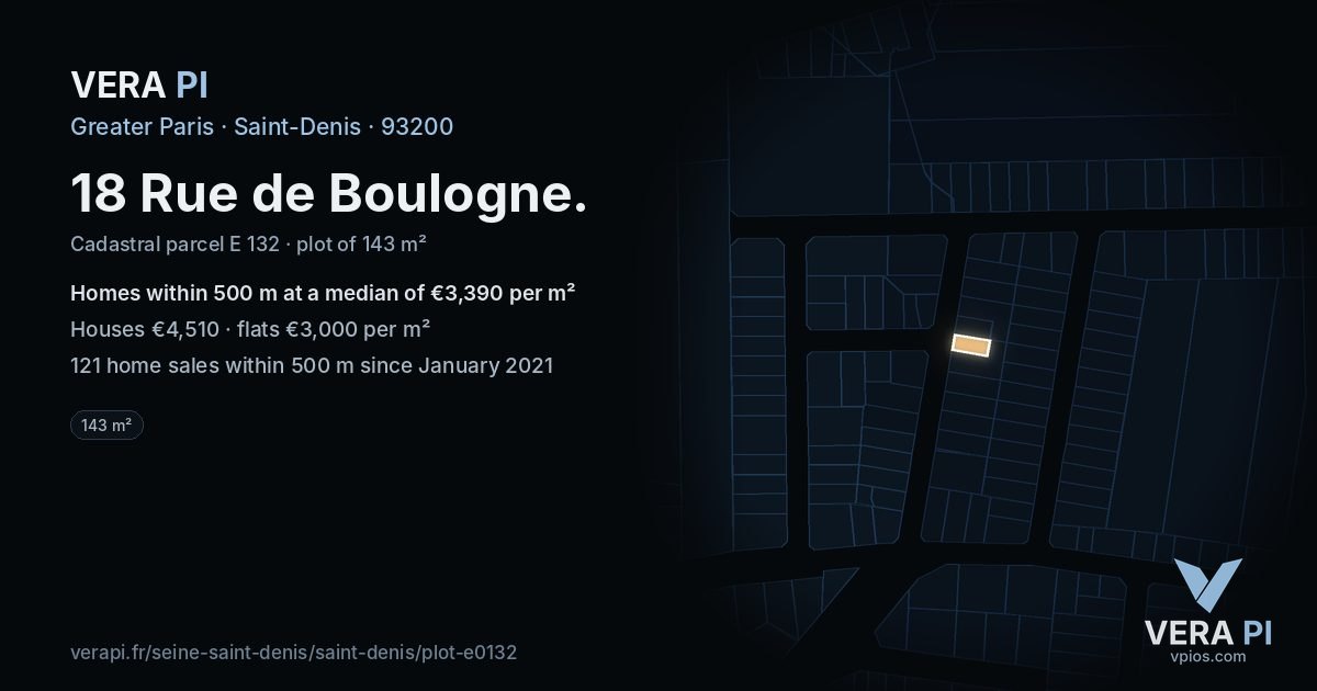 18 Rue de Boulogne, Saint-Denis at night – the plot lit, the parcels around coloured by the prices near them