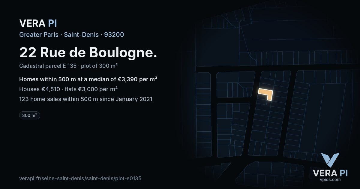 22 Rue de Boulogne, Saint-Denis at night – the plot lit, the parcels around coloured by the prices near them