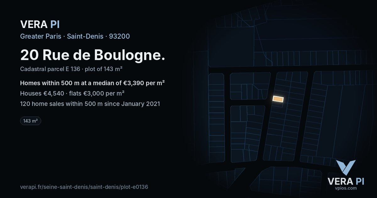 20 Rue de Boulogne, Saint-Denis at night – the plot lit, the parcels around coloured by the prices near them