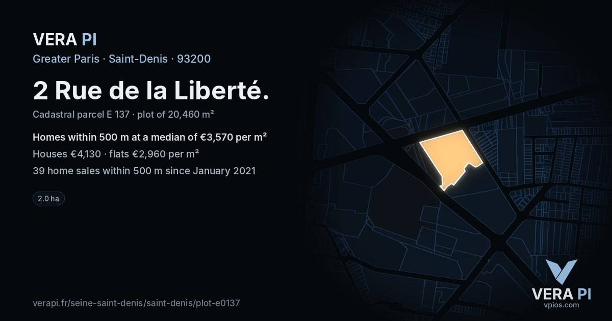 2 Rue de la Liberté, Saint-Denis at night – the plot lit, the parcels around coloured by the prices near them