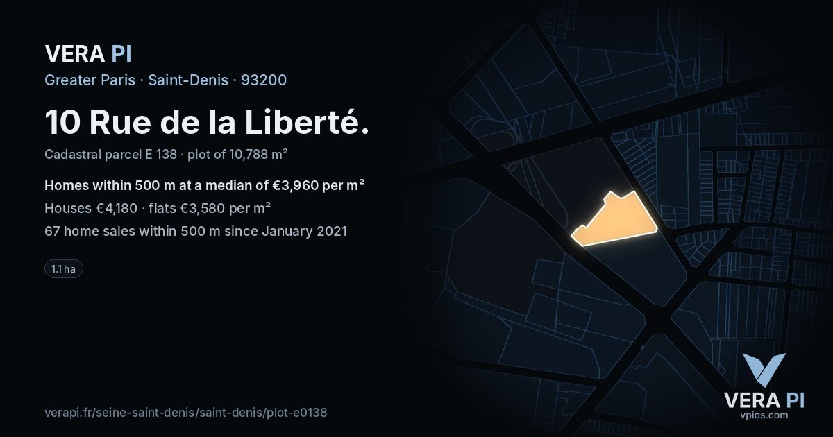 10 Rue de la Liberté, Saint-Denis at night – the plot lit, the parcels around coloured by the prices near them
