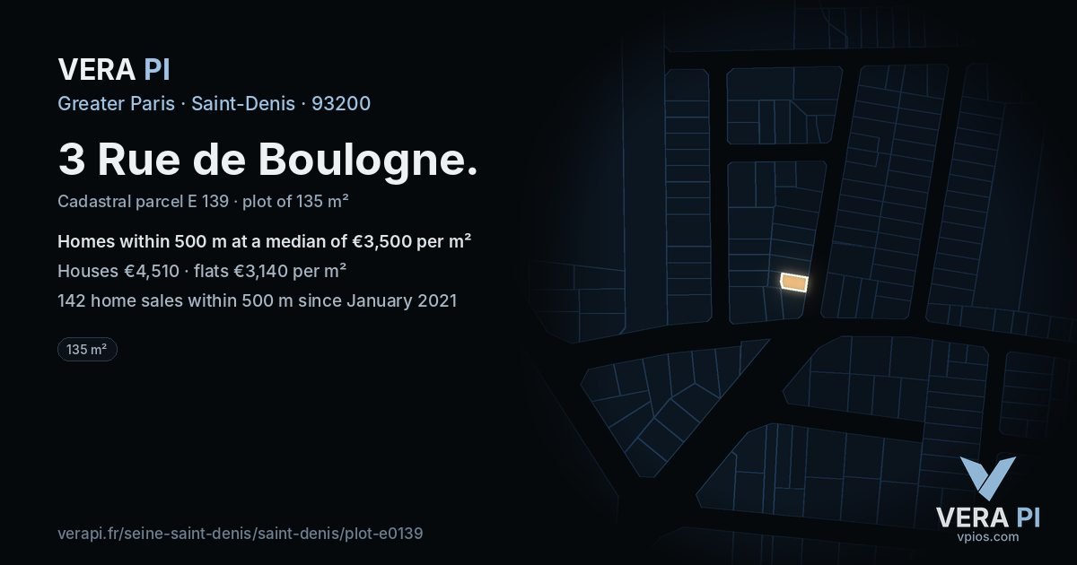 3 Rue de Boulogne, Saint-Denis at night – the plot lit, the parcels around coloured by the prices near them