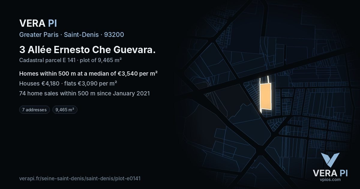 3 Allée Ernesto Che Guevara, Saint-Denis at night – the plot lit, the parcels around coloured by the prices near them