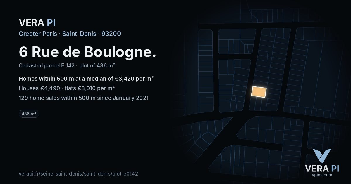 6 Rue de Boulogne, Saint-Denis at night – the plot lit, the parcels around coloured by the prices near them
