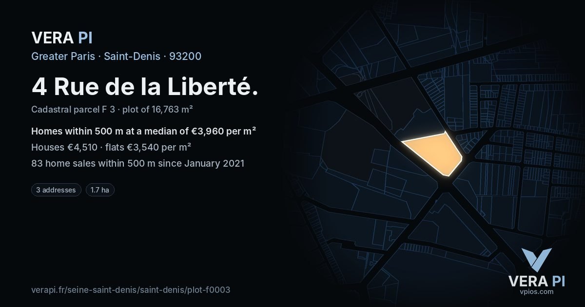 4 Rue de la Liberté, Saint-Denis at night – the plot lit, the parcels around coloured by the prices near them