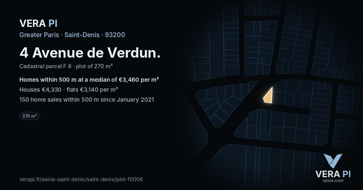 4 Avenue de Verdun, Saint-Denis at night – the plot lit, the parcels around coloured by the prices near them