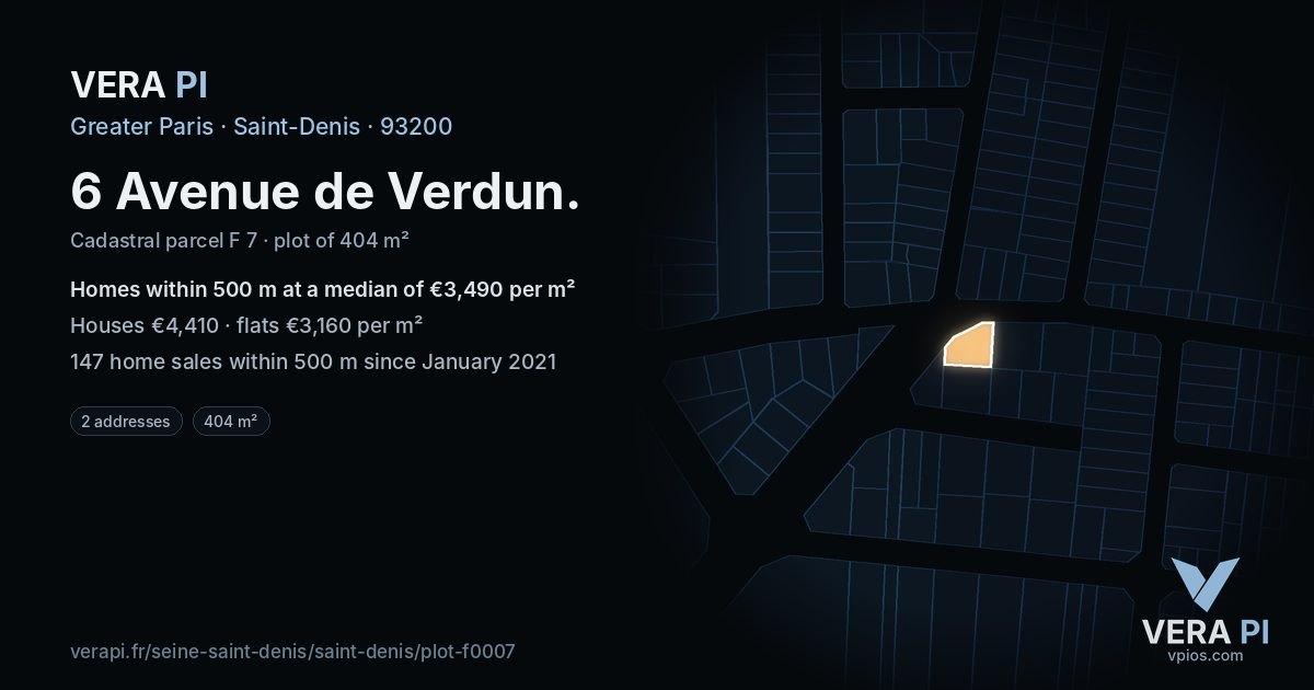 6 Avenue de Verdun, Saint-Denis at night – the plot lit, the parcels around coloured by the prices near them