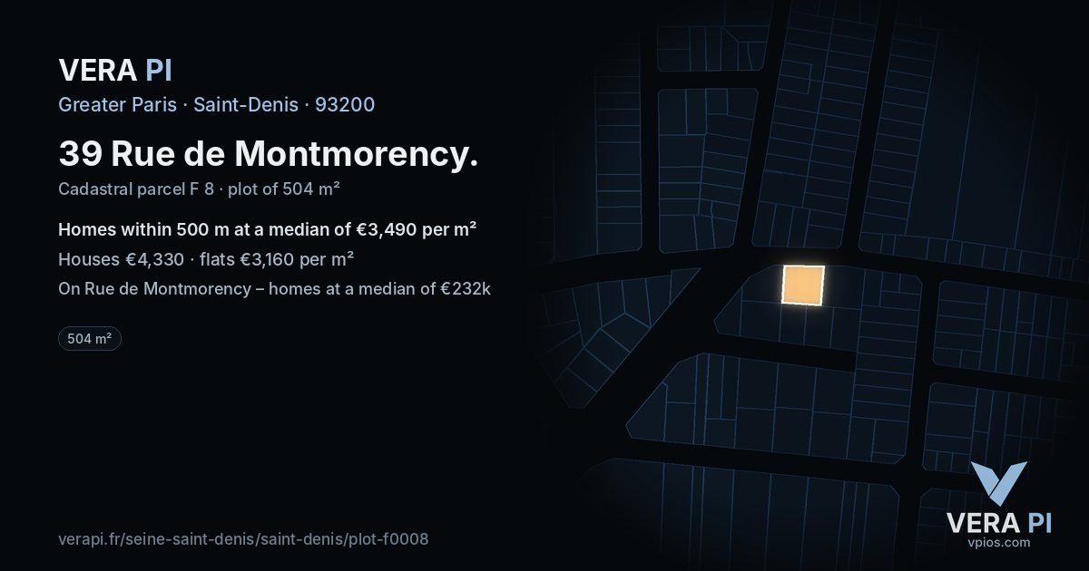 39 Rue de Montmorency, Saint-Denis at night – the plot lit, the parcels around coloured by the prices near them