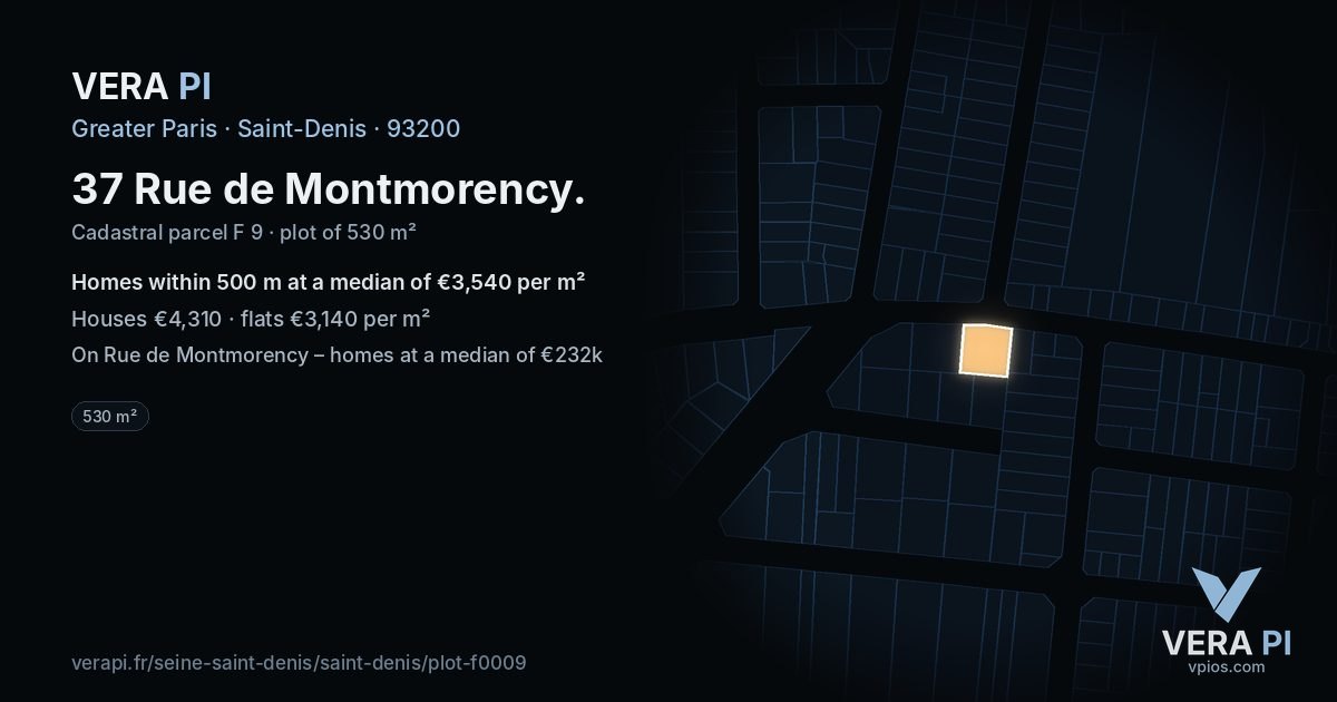 37 Rue de Montmorency, Saint-Denis at night – the plot lit, the parcels around coloured by the prices near them