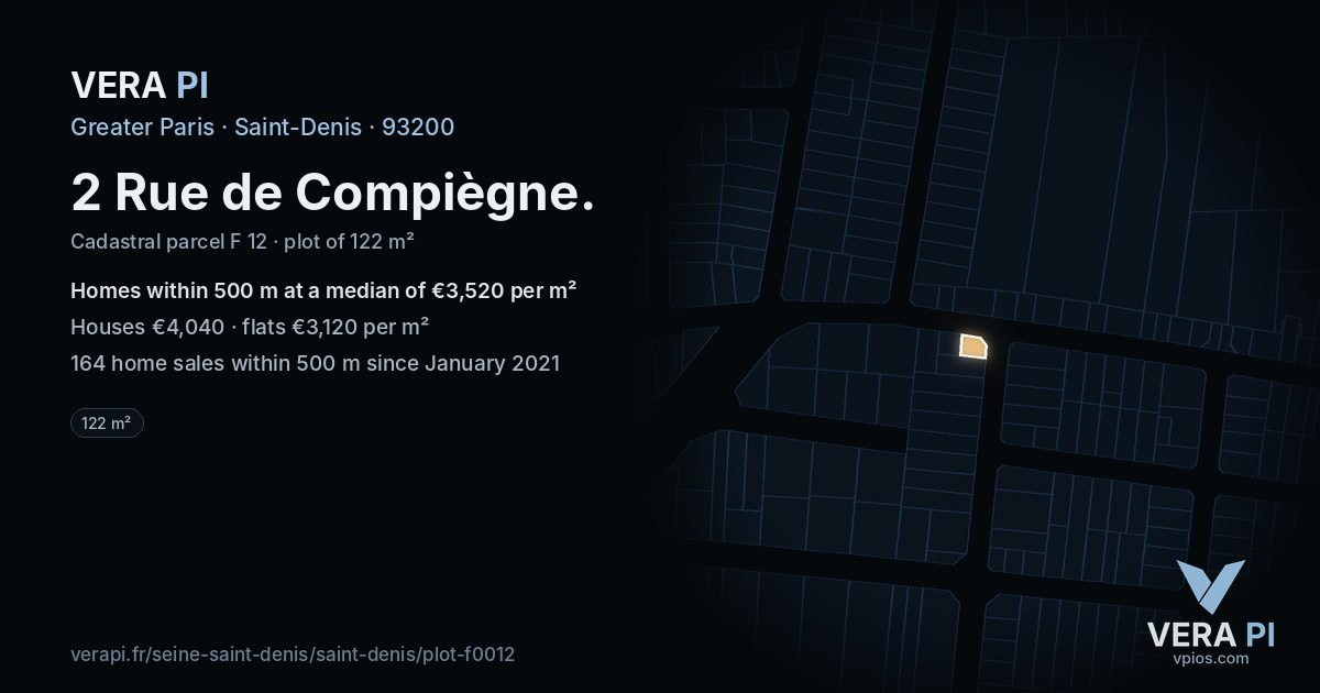 2 Rue de Compiègne, Saint-Denis at night – the plot lit, the parcels around coloured by the prices near them