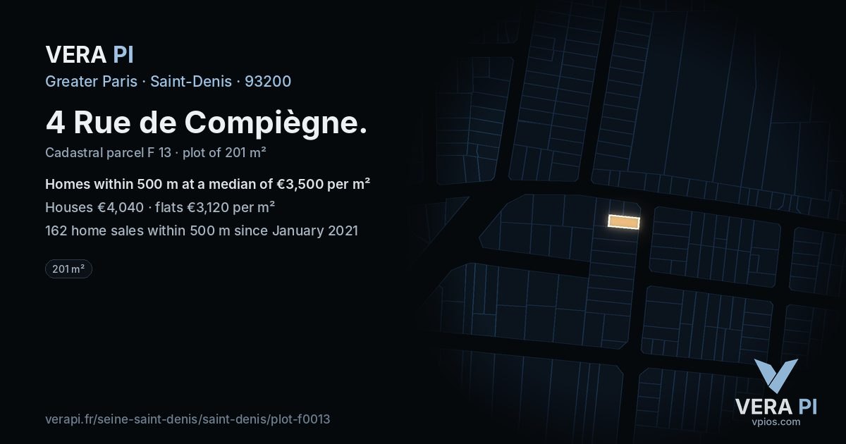 4 Rue de Compiègne, Saint-Denis at night – the plot lit, the parcels around coloured by the prices near them