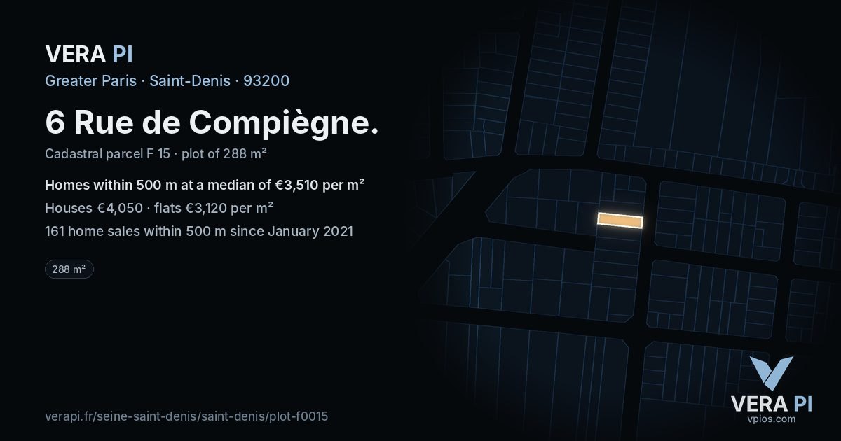 6 Rue de Compiègne, Saint-Denis at night – the plot lit, the parcels around coloured by the prices near them