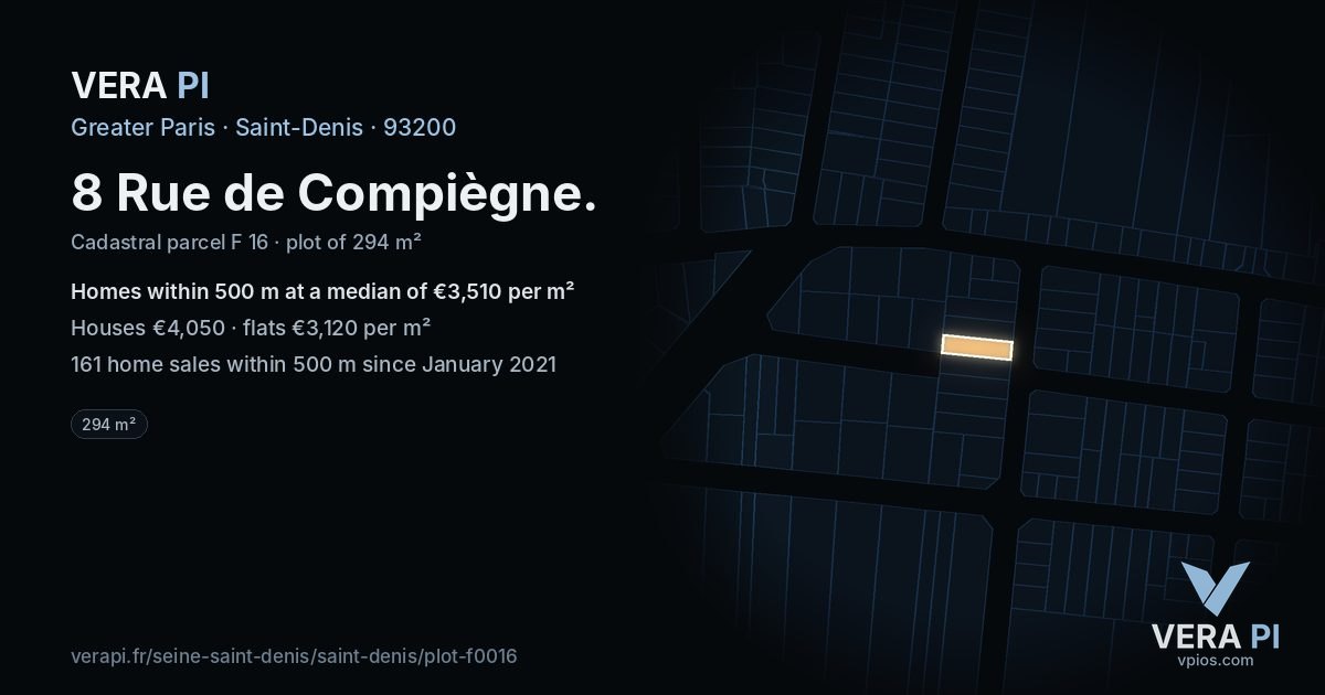 8 Rue de Compiègne, Saint-Denis at night – the plot lit, the parcels around coloured by the prices near them