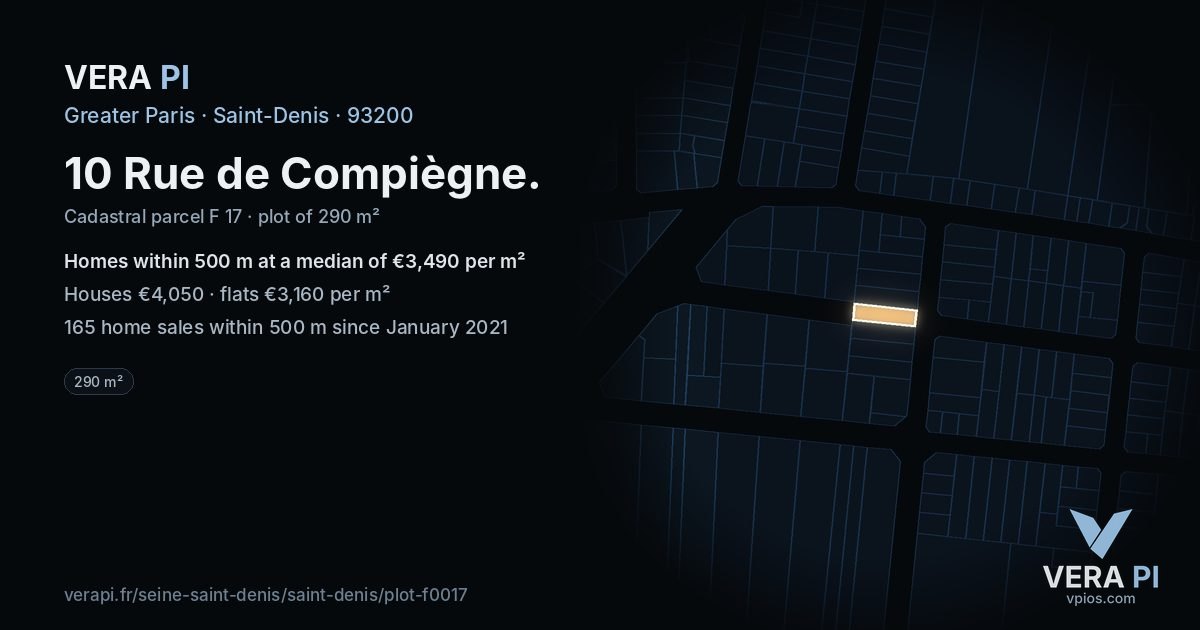 10 Rue de Compiègne, Saint-Denis at night – the plot lit, the parcels around coloured by the prices near them