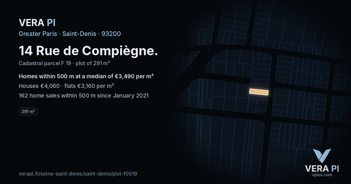 14 Rue de Compiègne, Saint-Denis at night – the plot lit, the parcels around coloured by the prices near them
