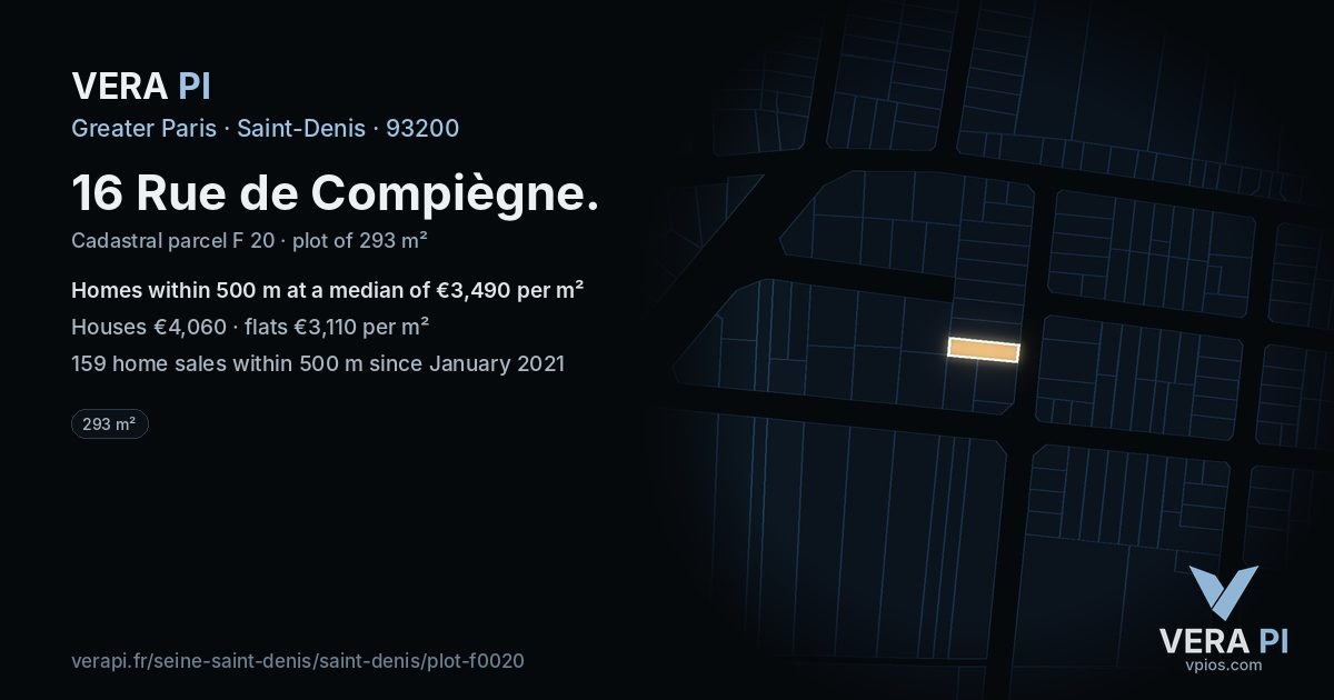 16 Rue de Compiègne, Saint-Denis at night – the plot lit, the parcels around coloured by the prices near them