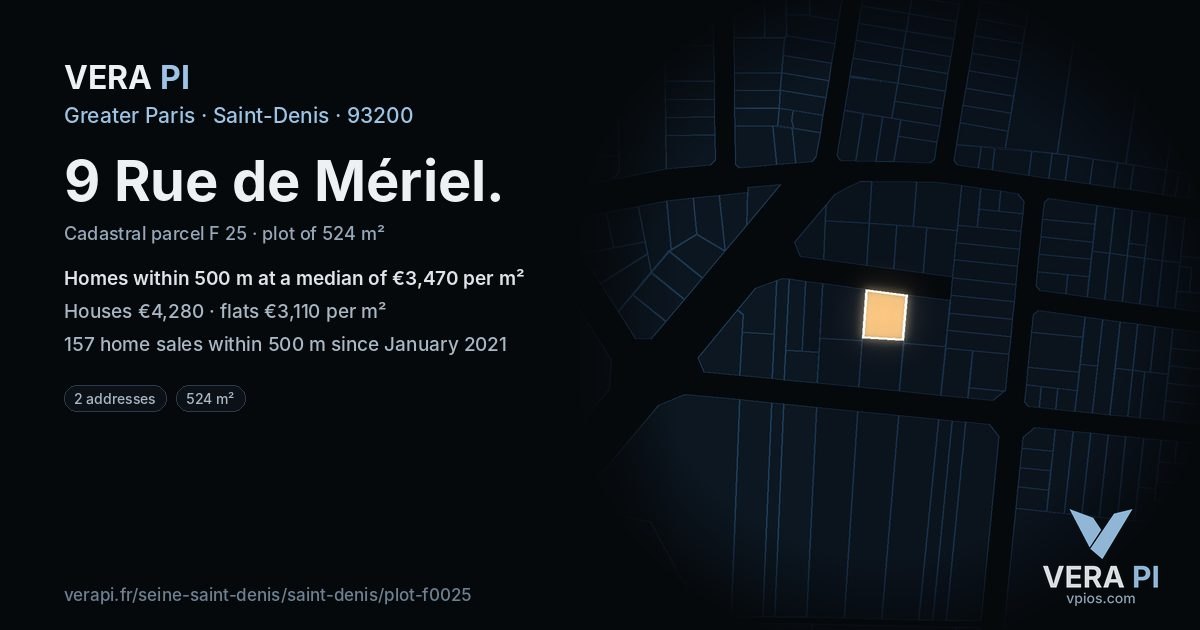 9 Rue de Mériel, Saint-Denis at night – the plot lit, the parcels around coloured by the prices near them