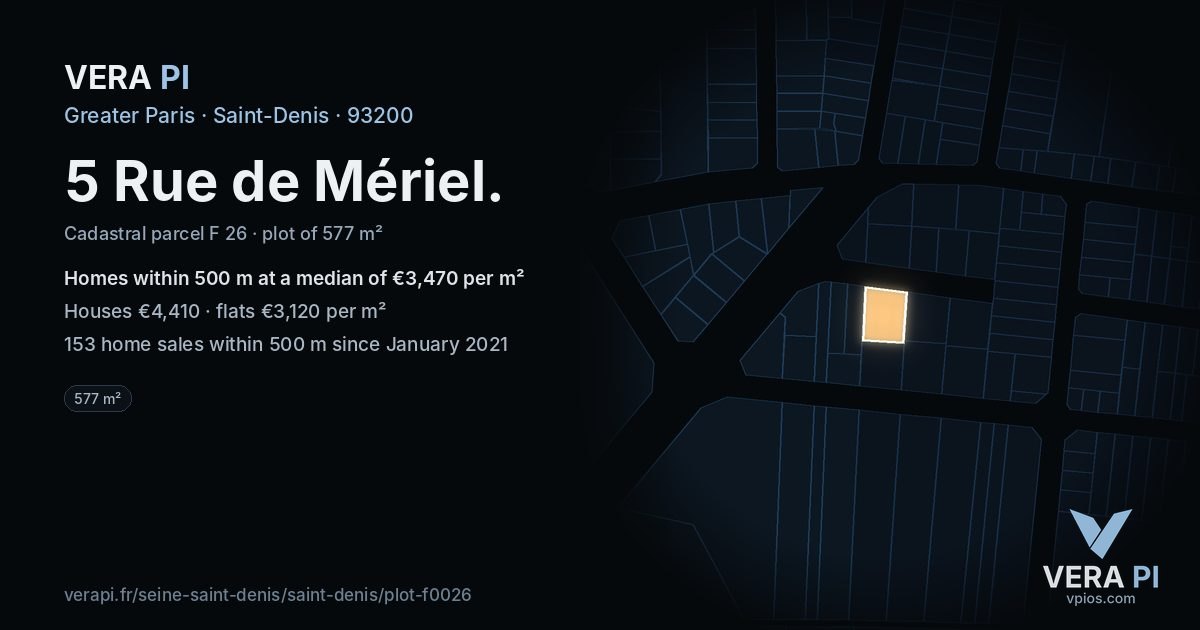 5 Rue de Mériel, Saint-Denis at night – the plot lit, the parcels around coloured by the prices near them