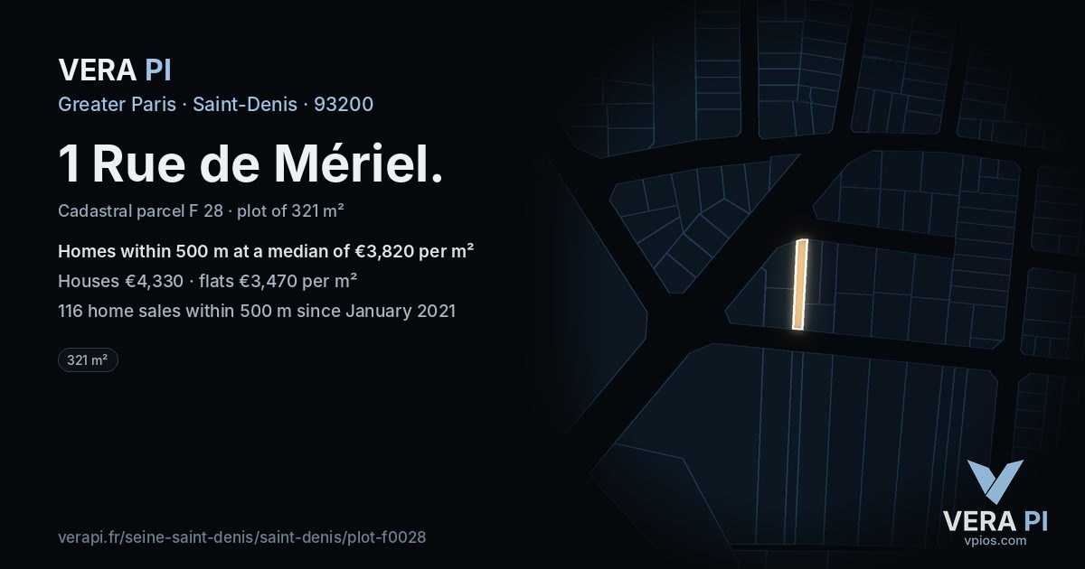 1 Rue de Mériel, Saint-Denis at night – the plot lit, the parcels around coloured by the prices near them