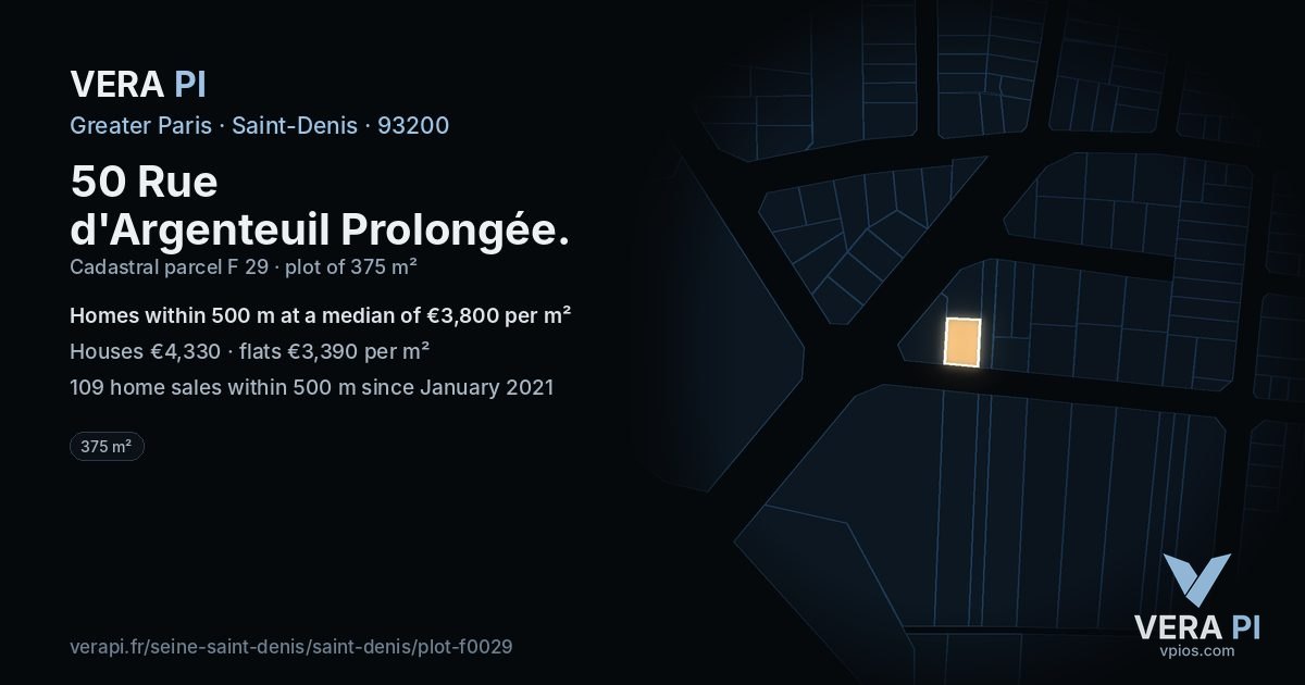 50 Rue d'Argenteuil Prolongée, Saint-Denis at night – the plot lit, the parcels around coloured by the prices near them