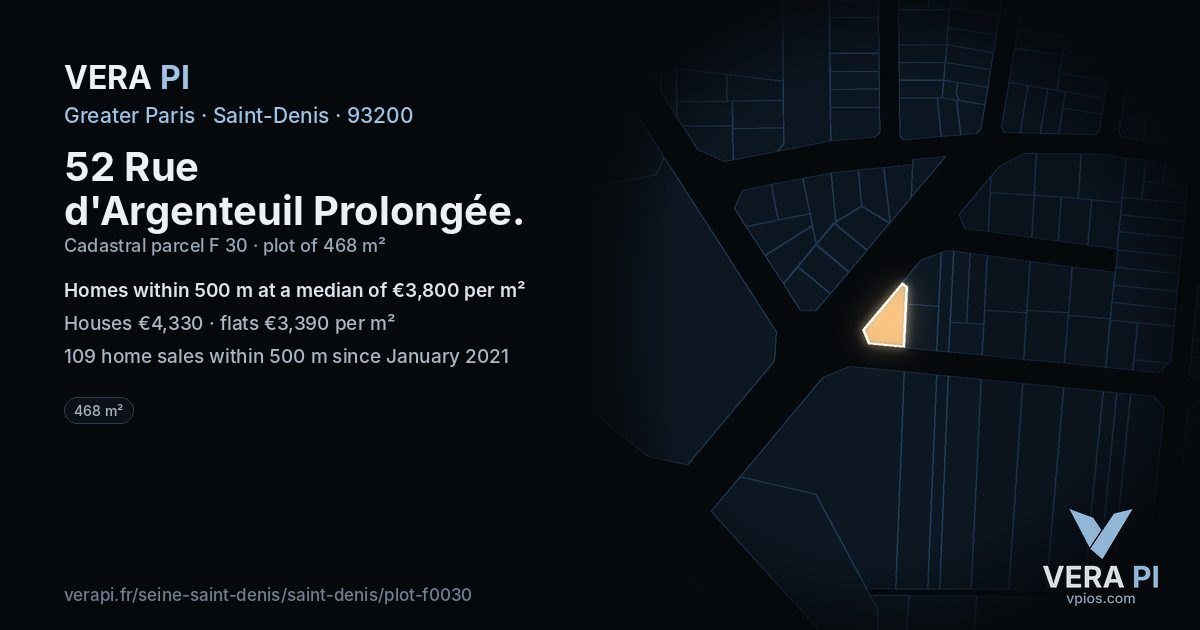 52 Rue d'Argenteuil Prolongée, Saint-Denis at night – the plot lit, the parcels around coloured by the prices near them