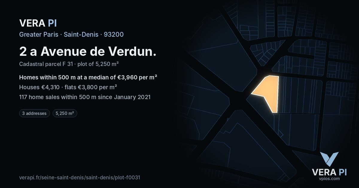 2 a Avenue de Verdun, Saint-Denis at night – the plot lit, the parcels around coloured by the prices near them
