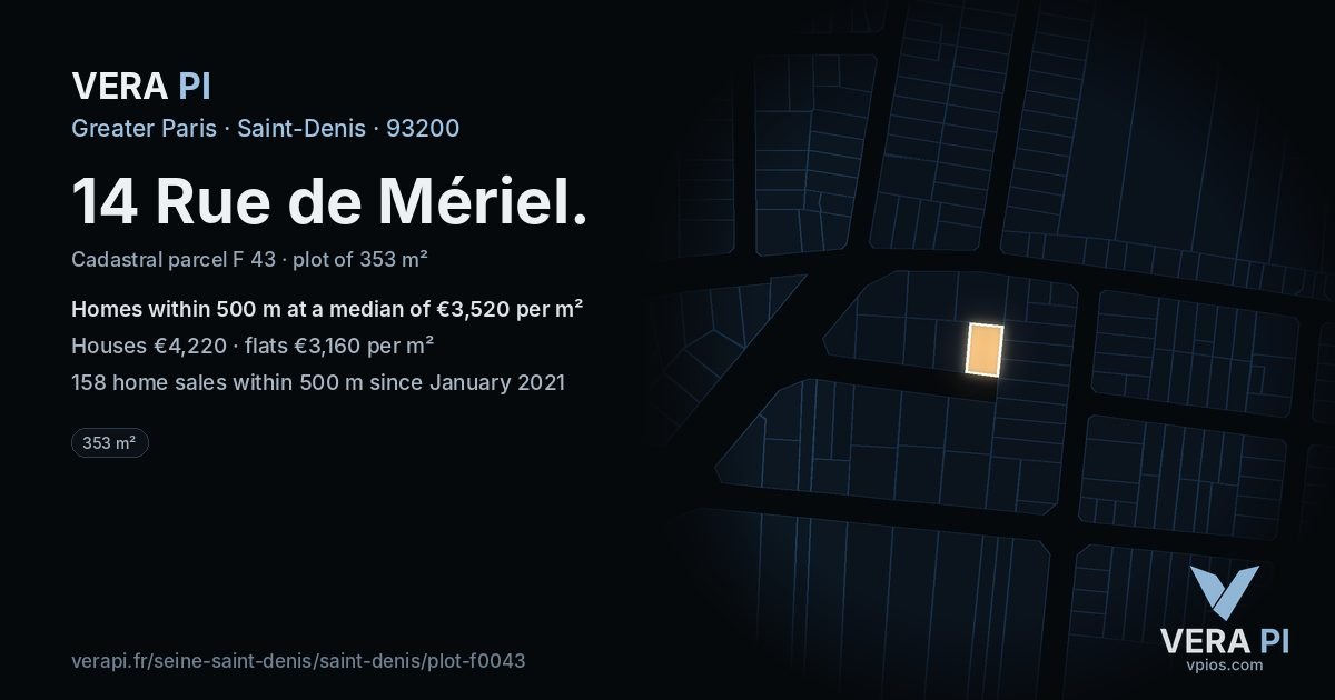 14 Rue de Mériel, Saint-Denis at night – the plot lit, the parcels around coloured by the prices near them
