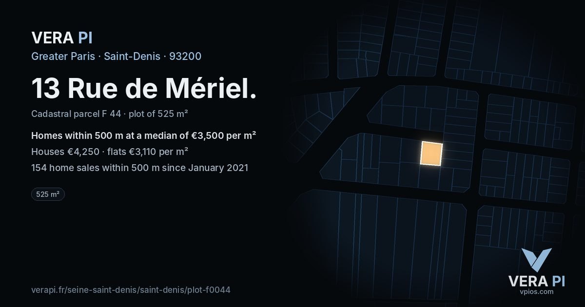 13 Rue de Mériel, Saint-Denis at night – the plot lit, the parcels around coloured by the prices near them
