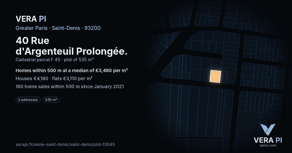 40 Rue d'Argenteuil Prolongée, Saint-Denis at night – the plot lit, the parcels around coloured by the prices near them