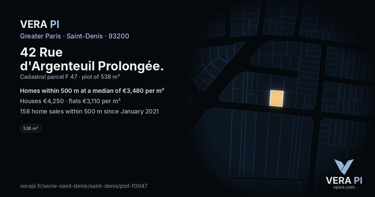 42 Rue d'Argenteuil Prolongée, Saint-Denis at night – the plot lit, the parcels around coloured by the prices near them