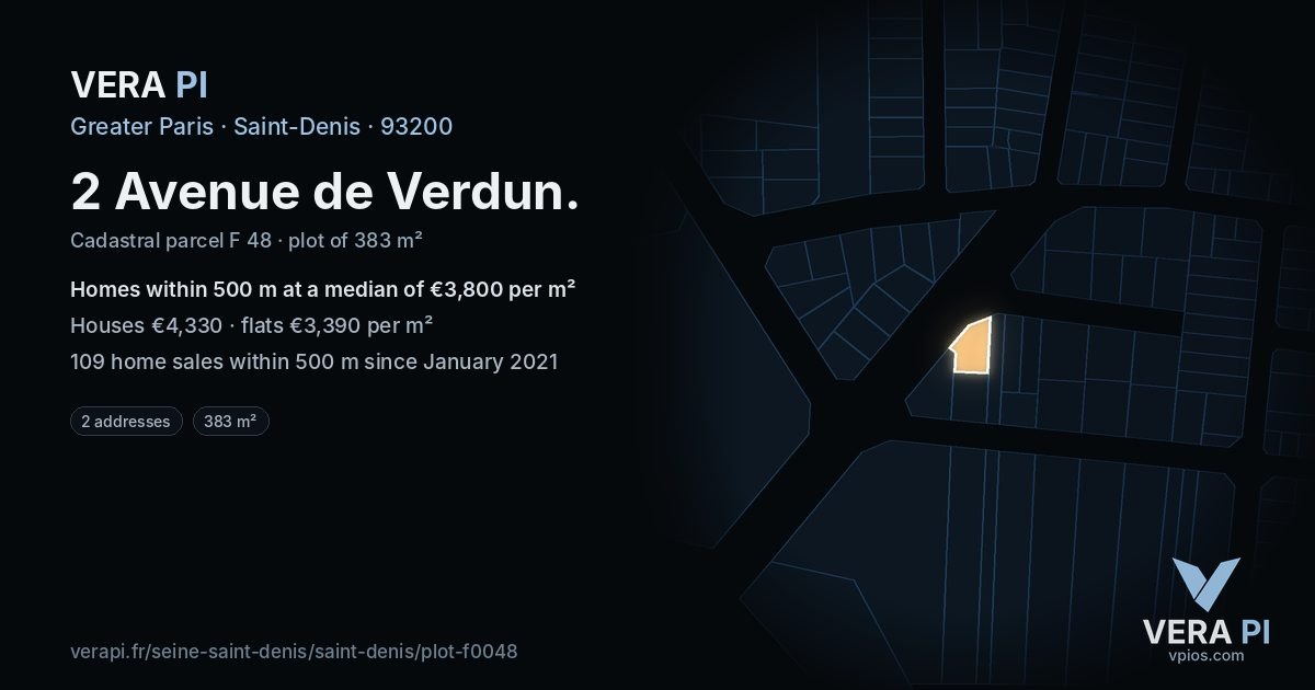 2 Avenue de Verdun, Saint-Denis at night – the plot lit, the parcels around coloured by the prices near them